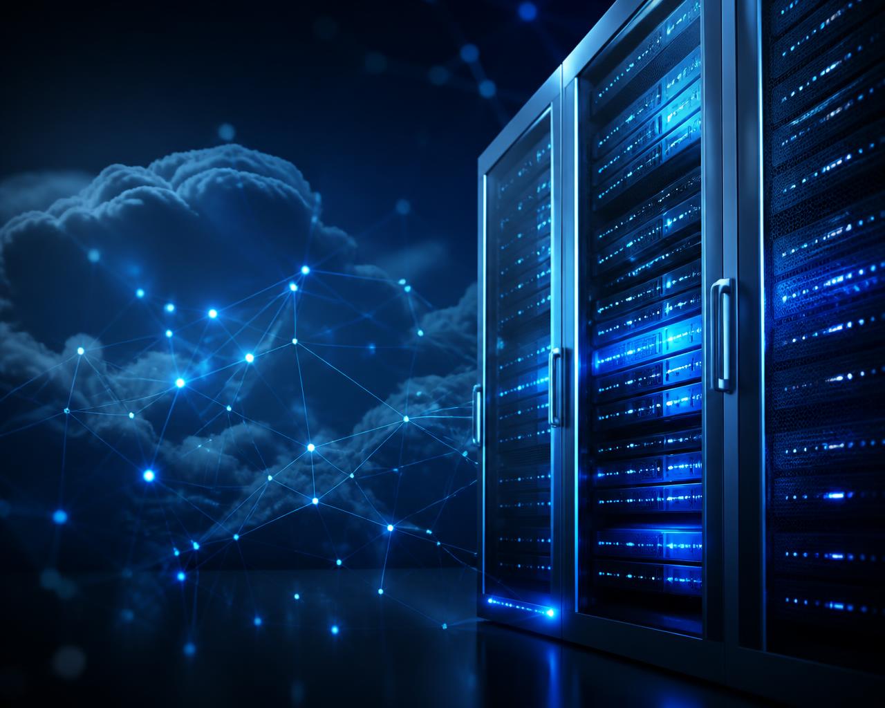 Infraestructura tecnológica empresarial: servidores y red en la nube con iluminación azul